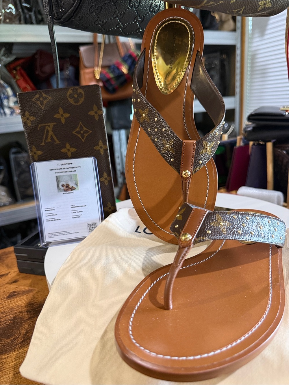 Louis Vuitton Brown Monogram Thong Sandals with Gold Accents